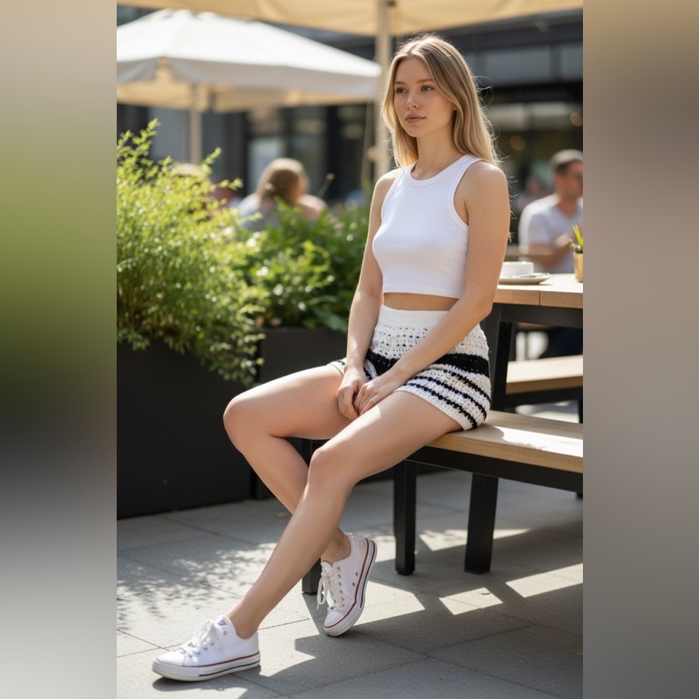 White Crop Top and Striped Crochet Shorts
